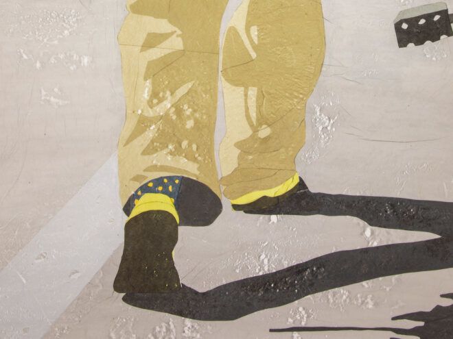 close-up of art showing legs made from plastic bag bits