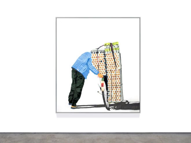 art depicting person hauling boxes on a bike