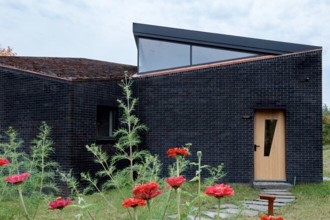 A home with a black brick facade, light-colored wood door and red flowers in the front yard.