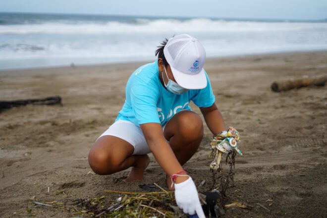 person cleaning up trash on beach