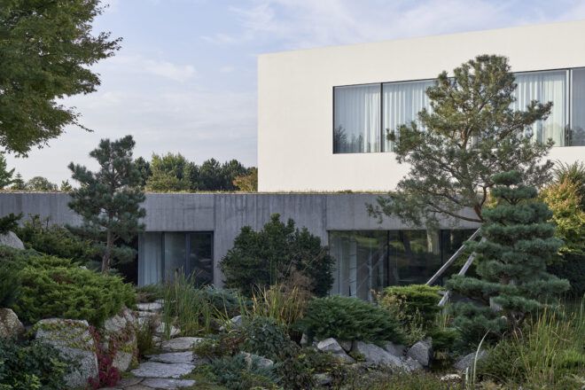 white and gray home surrounded by trees and shrubs