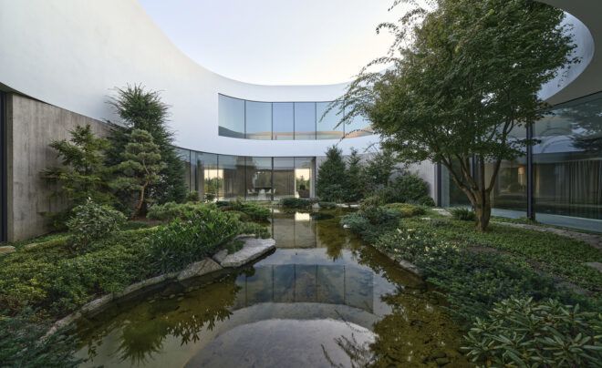 garden full of trees and shrubs and a pond near massive white home