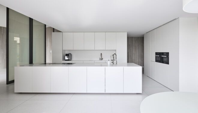 kitchen with white cabinets and counters