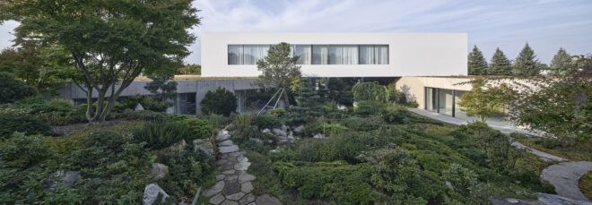 white and gray home surrounded by trees and shrubs
