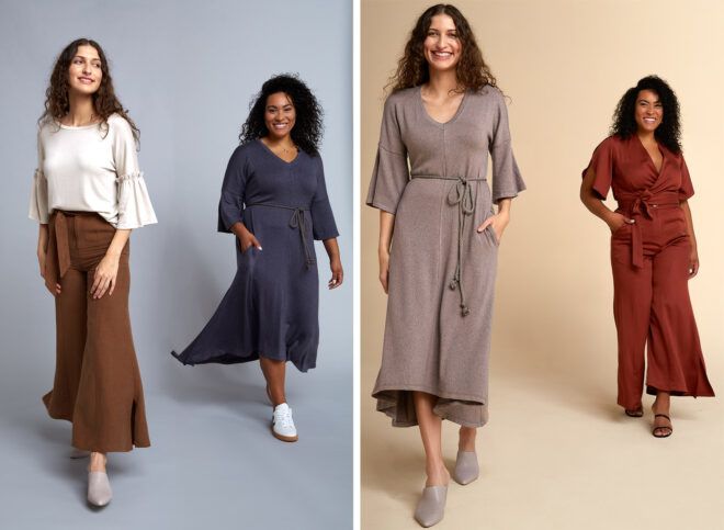 Two images. To the left, a model wearing a white top and brown pants, with a model to the right wearing a blue dress. To the right, a model wearing a gray dress and a model to the right wearing a brown jumpsuit.