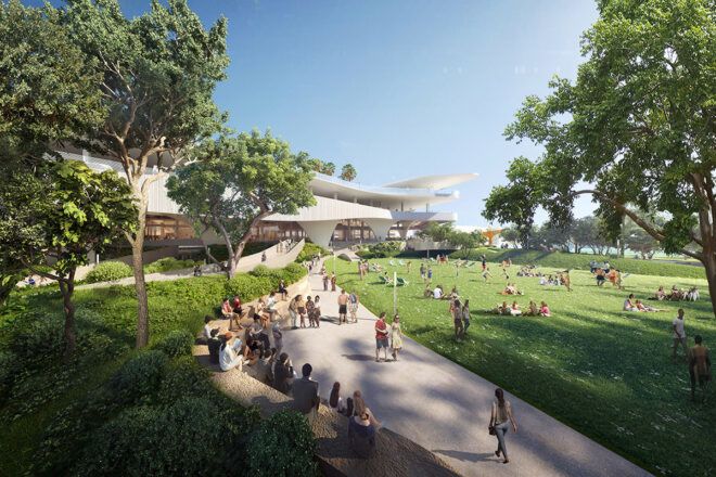 rendering of paths and parks outside large white building