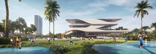 rendering of geometric white building near parks