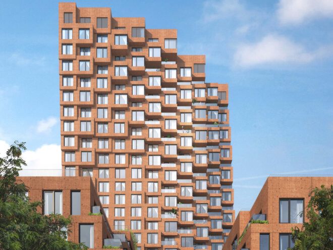 rendering of brown tower with staggered corners