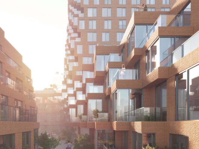 rendering of brown tower with staggered walls