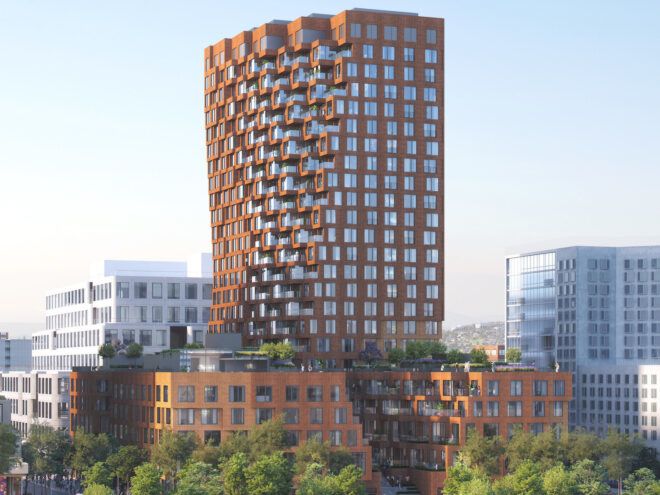 rendering of tall, twisting brown tower