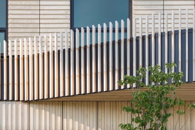 closeup of mass timber building facade