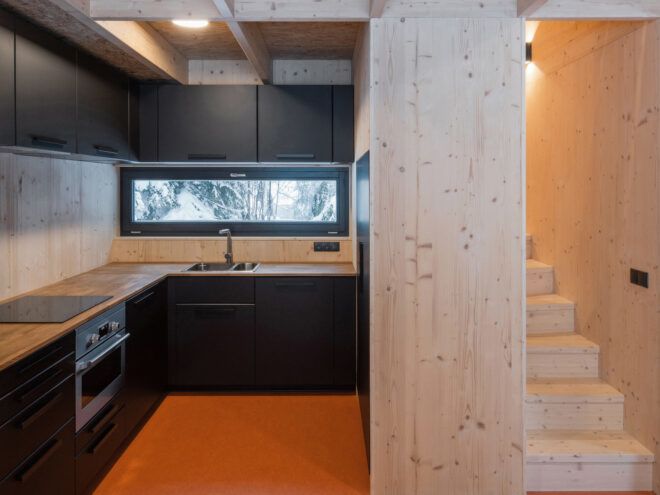 kitchen with raw wood walls and black cabinets