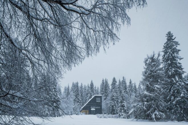 black cabin in snowy landscape