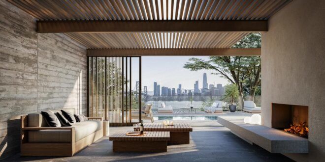 covered, open-air living room with views of San Francisco skyline