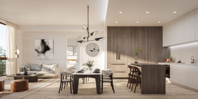 long dining table near light wood kitchen