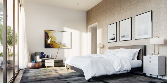 white bed in white and beige room