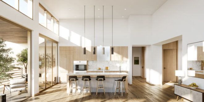 white and light wood kitchen with high ceilings