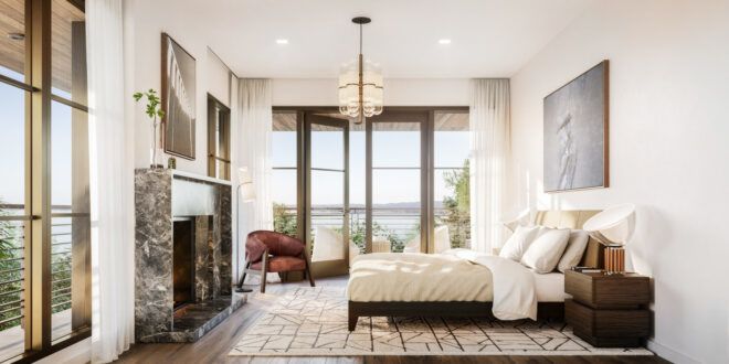 beige bed facing fireplace