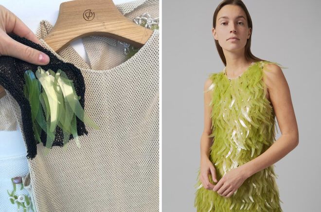 person attaching green algae sequins to tan dress form
