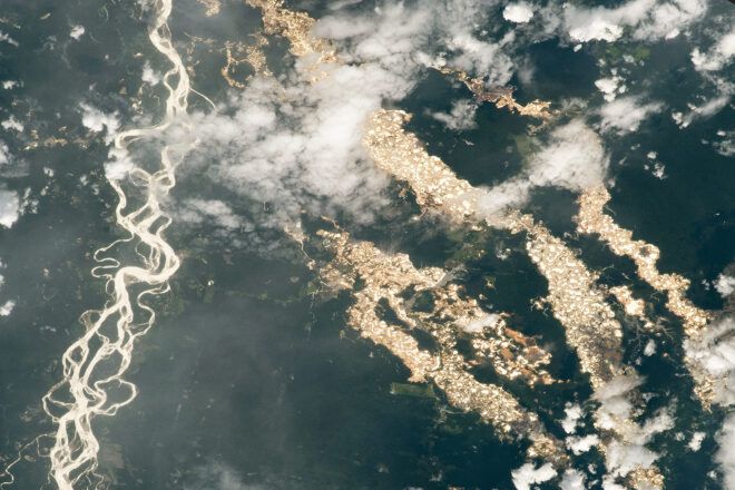 gold lines running through Amazon rainforest satellite image