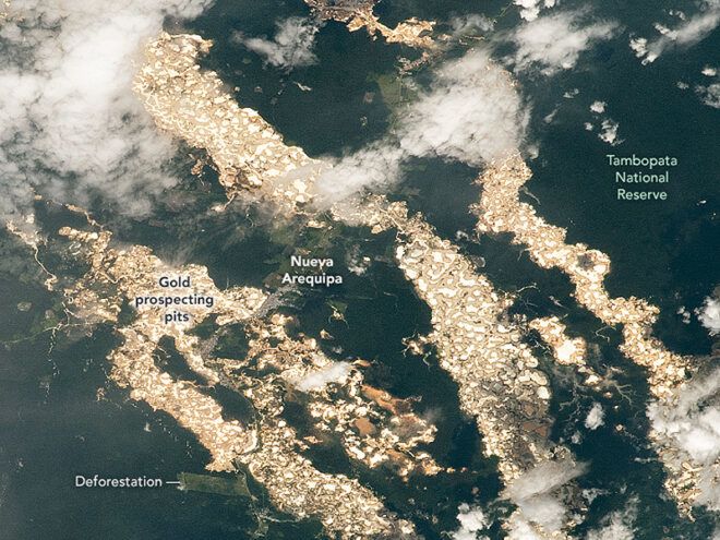 gold lines running through Amazon rainforest satellite image