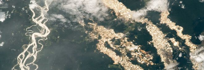 gold lines running through Amazon rainforest satellite image