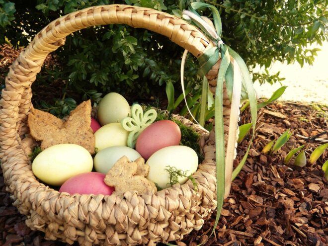 naturally dyed eggs in woven basket