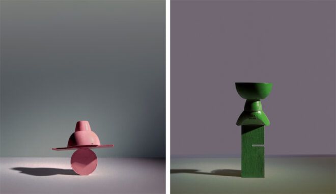 green and pink still-life objects