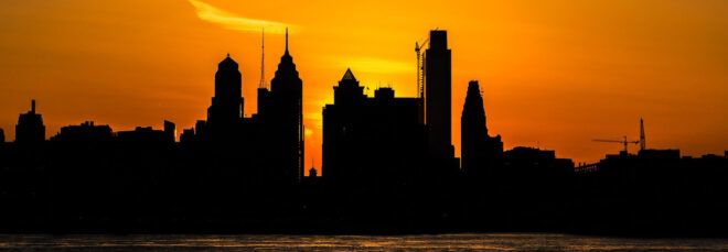 The Philadelphia skyline at sunset.