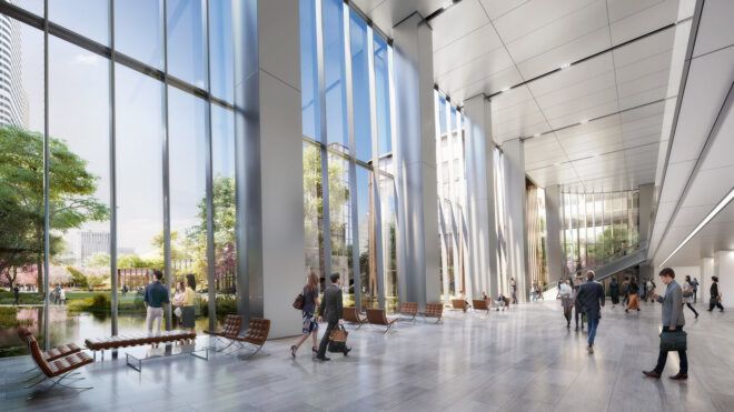 A rendering of an indoor hallway with large floor-to-ceiling windows.
