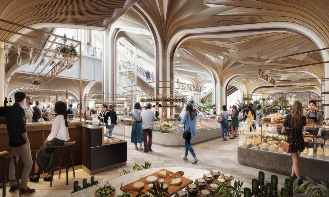 A rendering of an indoor cafeteria where many people mill around.