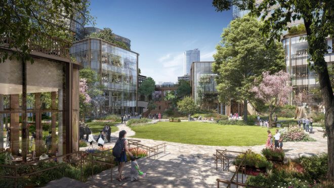 A rendering of a green outdoor courtyard.