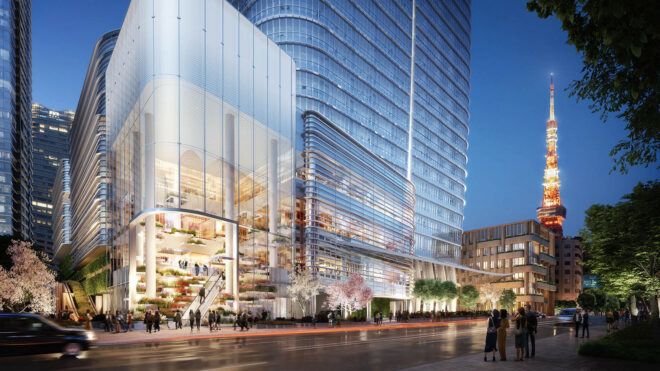 A rendering of a city street corner with a curved, glass facade building.