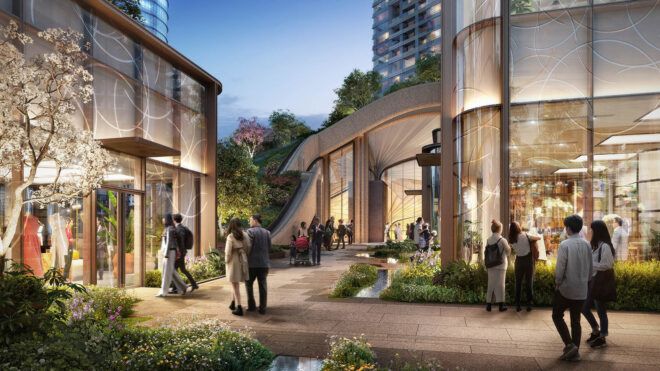 A rendering of an outdoor courtyard between buildings where people walk and enjoy greenery.