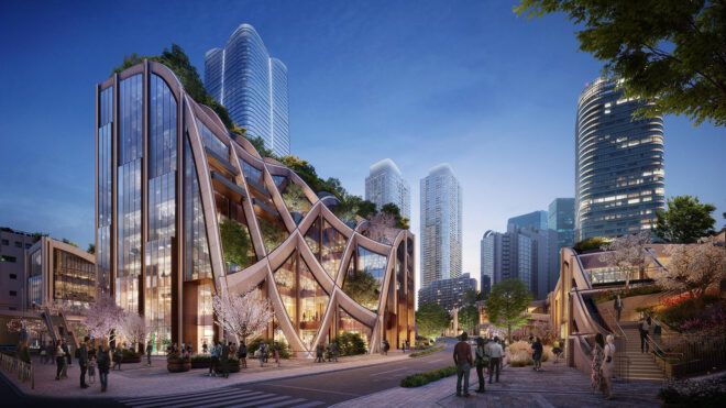 A rendering of a city street corner with a curved building with trees peeking through the grid-structure of the curved roof. On the right is an outdoor staircase.