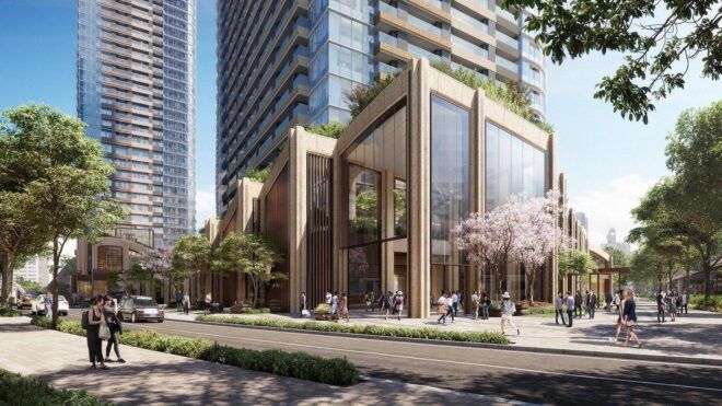 A rendering of a city street corner where people mill around the courtyard of a high-rise building.