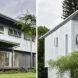 Two images. To the left, the exterior of a two-story home with a light and dark gray color scheme. To the right, a close-up of the home's zinc cladding.