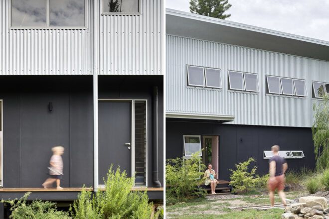 Two images. To the left, a child walking on the deck around the home's exterior. To the right, a person walking up a stone and grass path to the front door of the home.