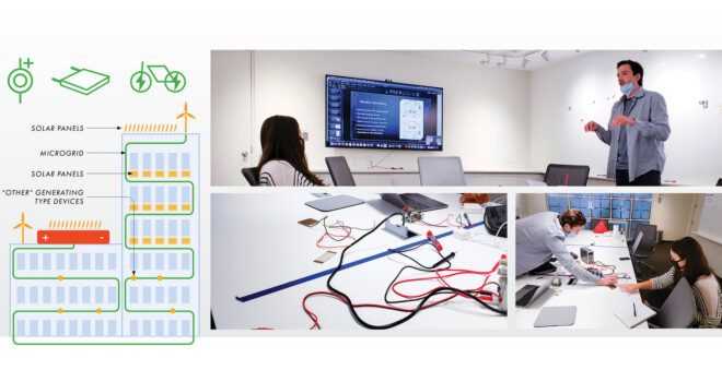 To the left, a diagram of various energy sources. To the right, three images of people working with technology in a lab.