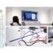 To the left, a diagram of various energy sources. To the right, three images of people working with technology in a lab.