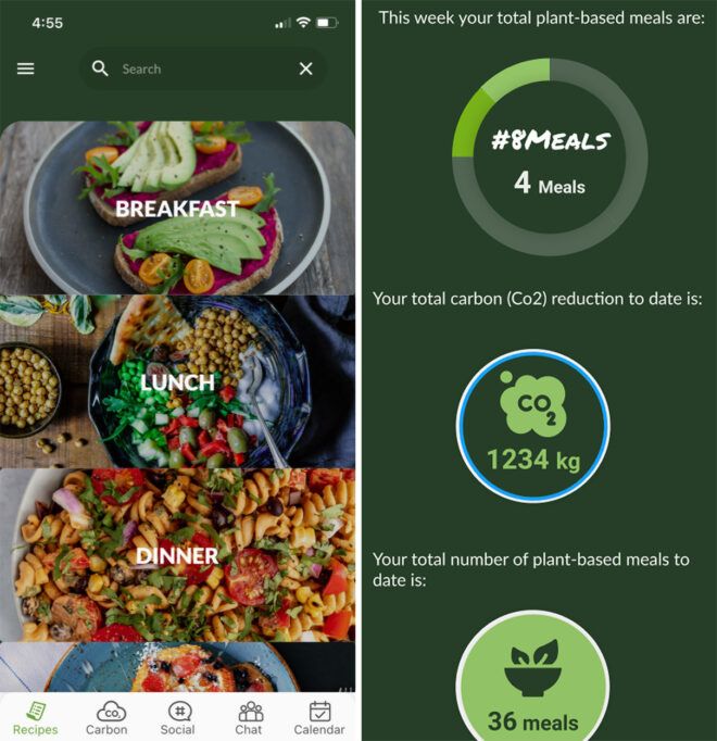 #8meals app screenshot of homepage and personal carbon emissions savings