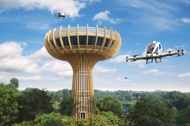 autonomous planes flying around wood landing tower