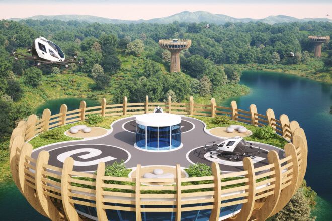 rendering of wood tower vertiport