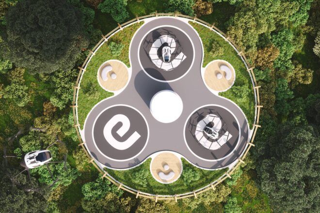 aerial view of landing tower covered in pants and solar panels