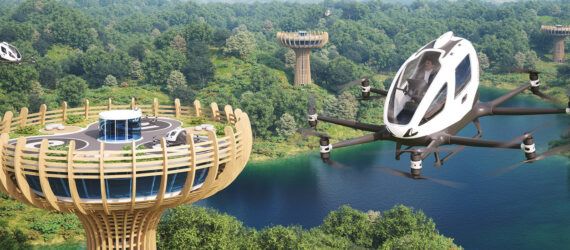 autonomous planes flying around wood landing towers