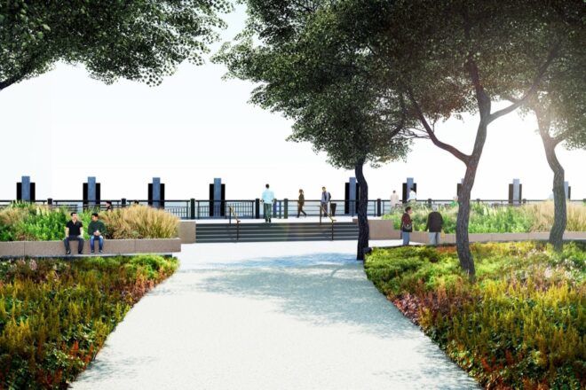 rendering of waterfront esplanade at The Battery in NYC