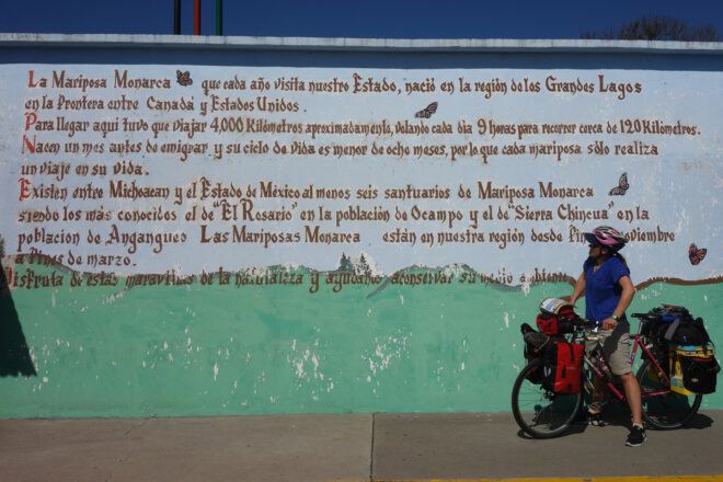 Dykman and her bike next to a monarch butterfly mural