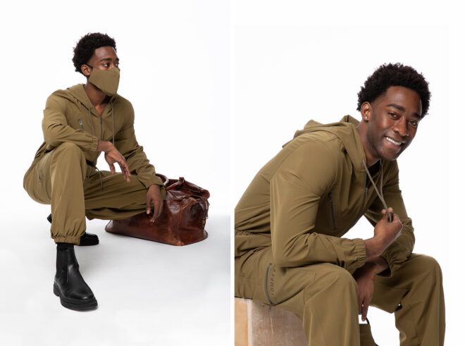 person modeling dark green jumpsuit