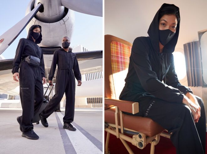 people boarding plane while wearing black jumpsuits