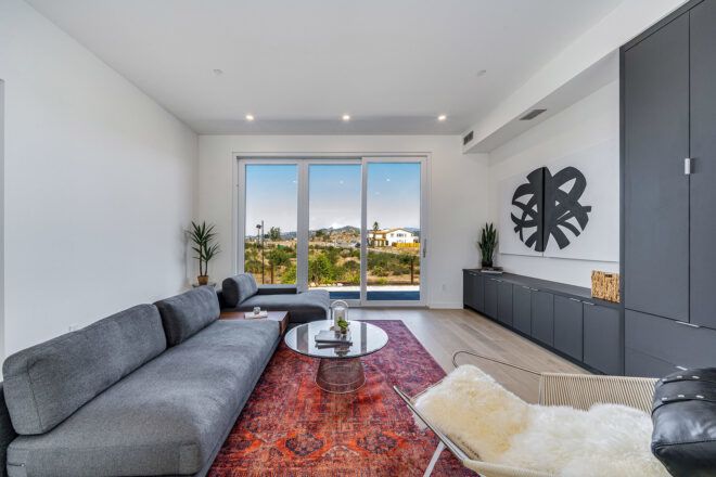 living room with gray sofa and red rug